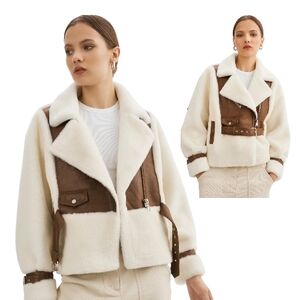 Lamarque Cream and Brown Elody Faux Fur Fuzzy Teddy Jacket Sizd M, NWT